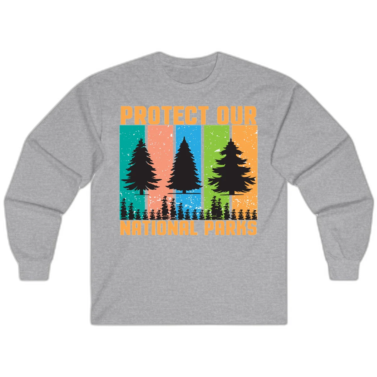 Illustration of tall evergreen tree with forest below across four seasonal colored panels with 'Protect Our National Parks' text. in Sport Grey