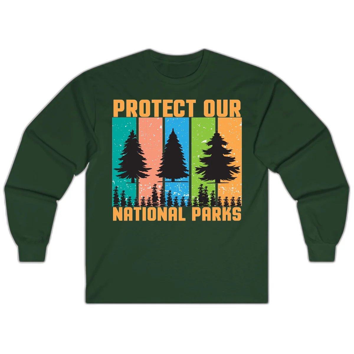 Illustration of tall evergreen tree with forest below across four seasonal colored panels with 'Protect Our National Parks' text. in Forest Green