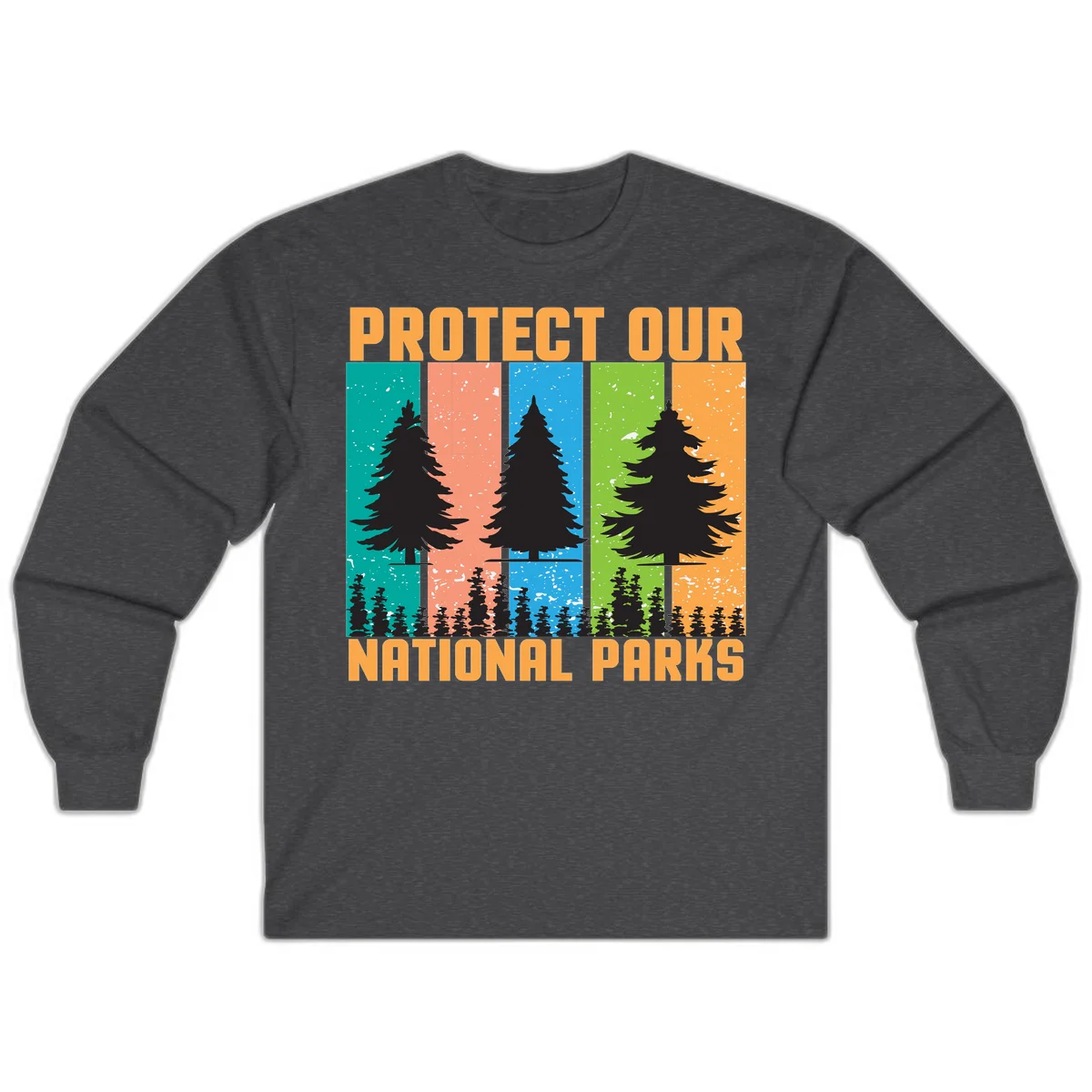 Illustration of tall evergreen tree with forest below across four seasonal colored panels with 'Protect Our National Parks' text. in Dark Heather