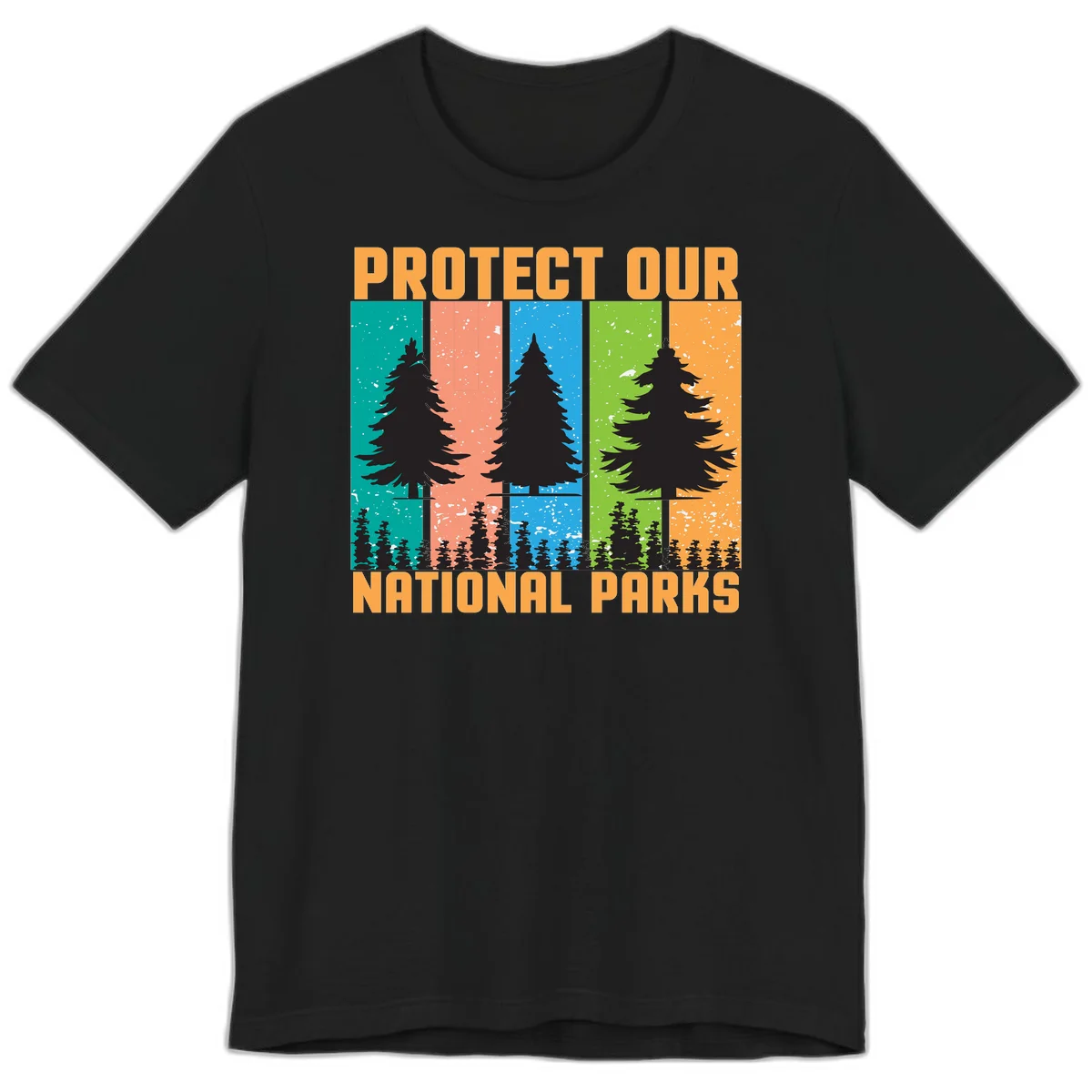 Illustration of tall evergreen tree with forest below across four seasonal colored panels with 'Protect Our National Parks' text. in Black