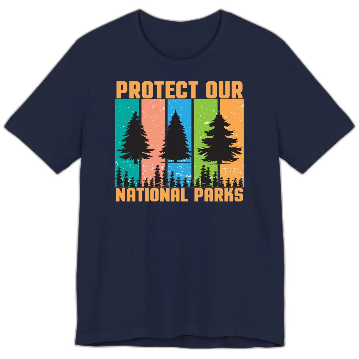 Illustration of tall evergreen tree with forest below across four seasonal colored panels with 'Protect Our National Parks' text. in Navy