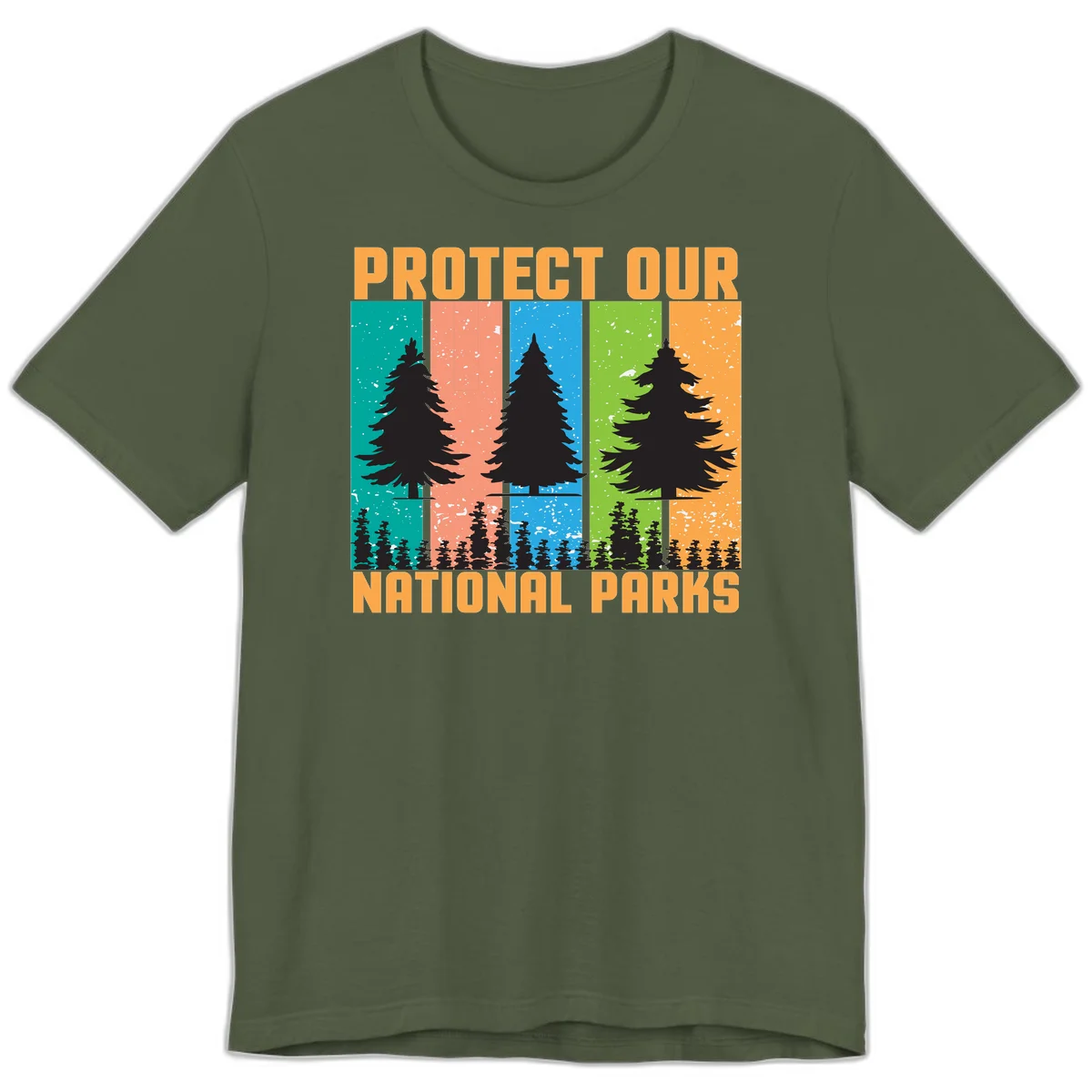 Illustration of tall evergreen tree with forest below across four seasonal colored panels with 'Protect Our National Parks' text. in Military Green