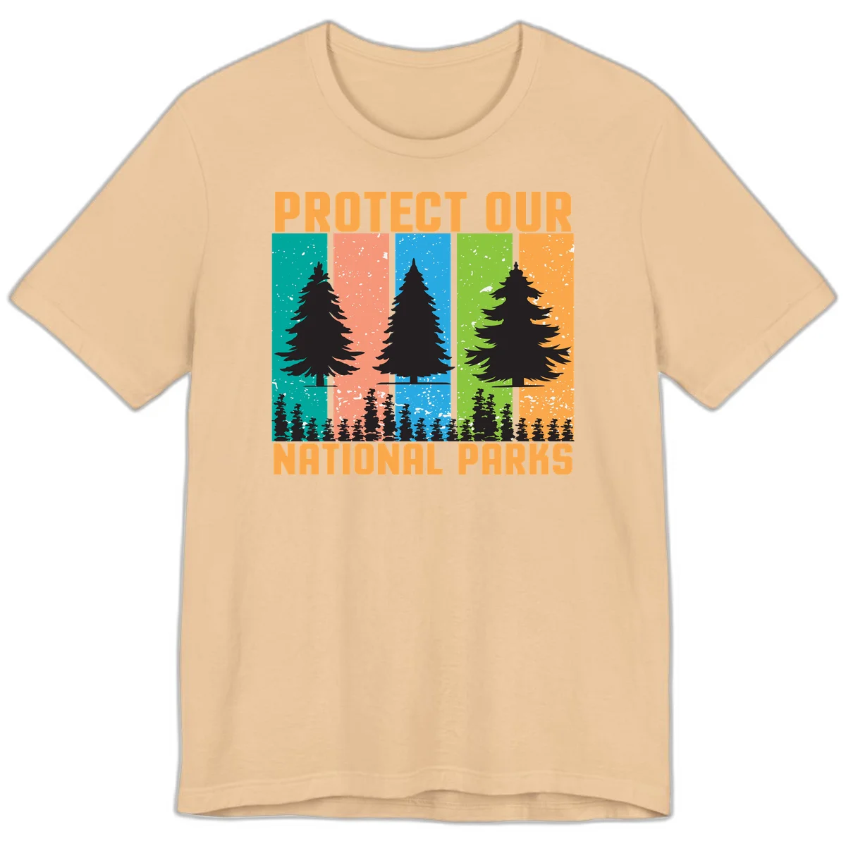 Illustration of tall evergreen tree with forest below across four seasonal colored panels with 'Protect Our National Parks' text. in Sand Dune