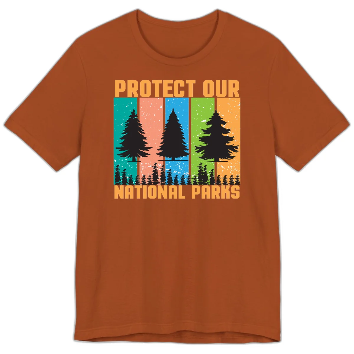 Illustration of tall evergreen tree with forest below across four seasonal colored panels with 'Protect Our National Parks' text. in Autumn