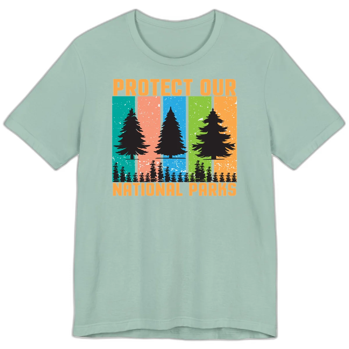 Illustration of tall evergreen tree with forest below across four seasonal colored panels with 'Protect Our National Parks' text. in Dusty Blue