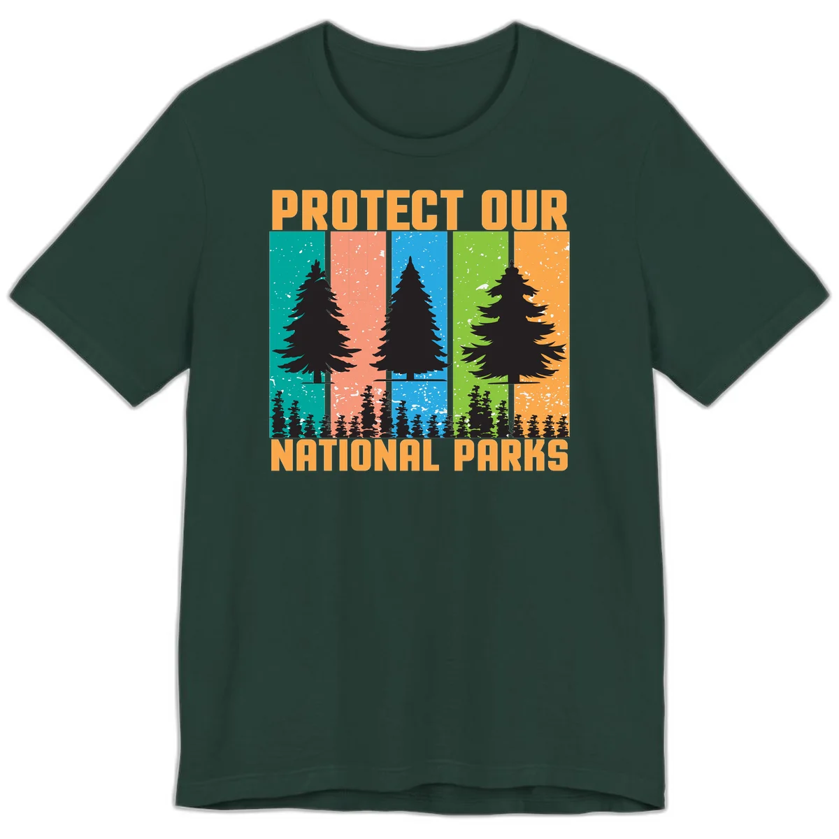 Illustration of tall evergreen tree with forest below across four seasonal colored panels with 'Protect Our National Parks' text. in Forest
