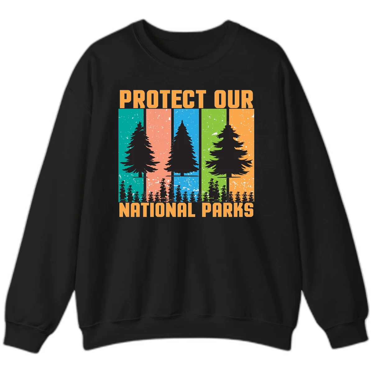 Illustration of tall evergreen tree with forest below across four seasonal colored panels with 'Protect Our National Parks' text. in Black