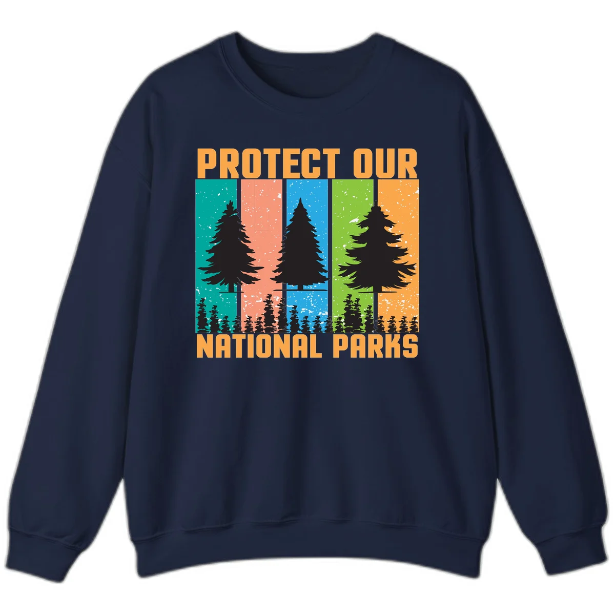 Illustration of tall evergreen tree with forest below across four seasonal colored panels with 'Protect Our National Parks' text. in Navy