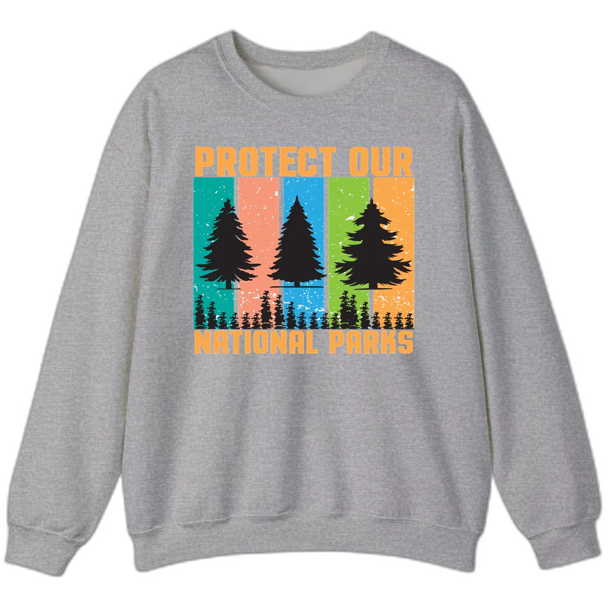 Illustration of tall evergreen tree with forest below across four seasonal colored panels with 'Protect Our National Parks' text. in Sport Grey