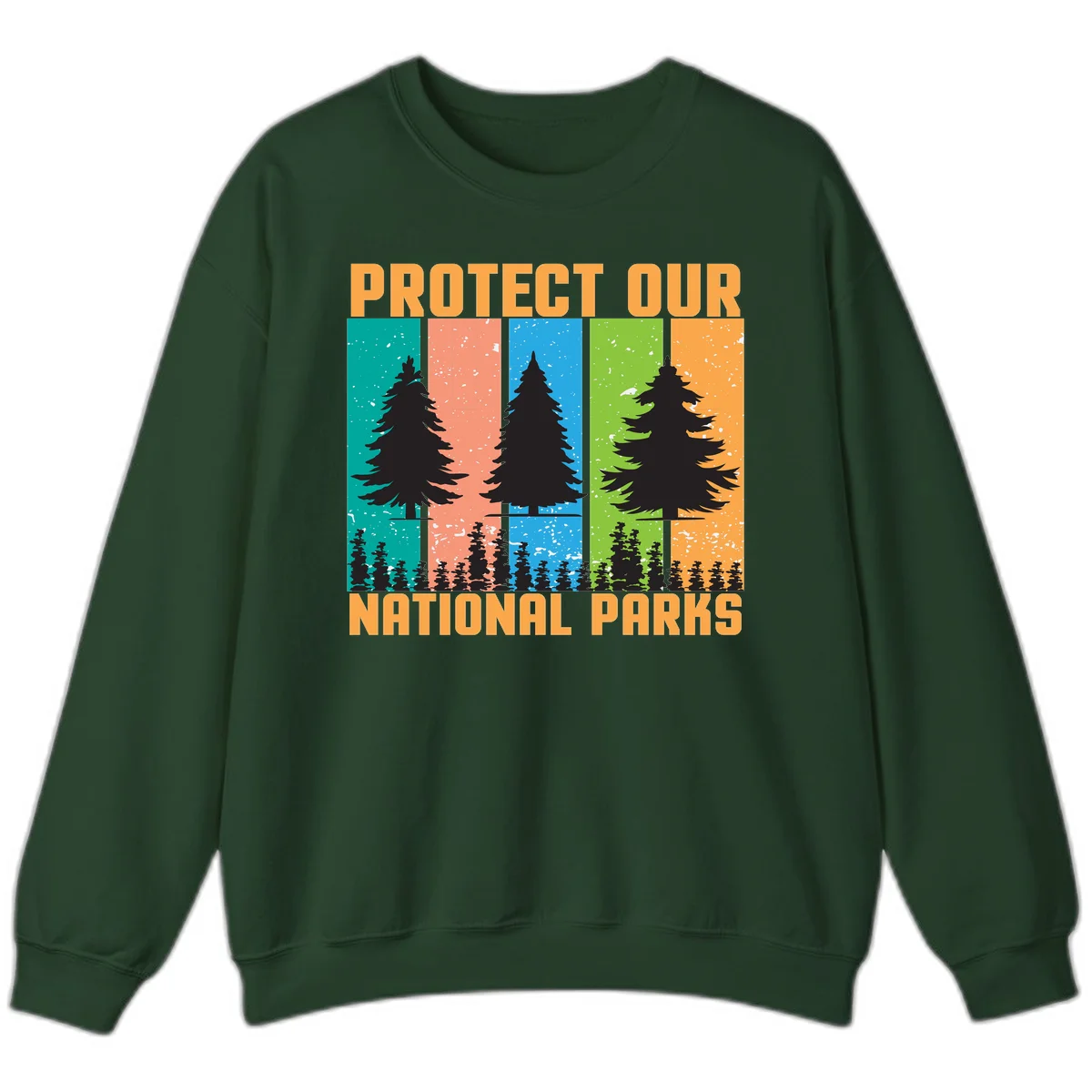 Illustration of tall evergreen tree with forest below across four seasonal colored panels with 'Protect Our National Parks' text. in Forest Green
