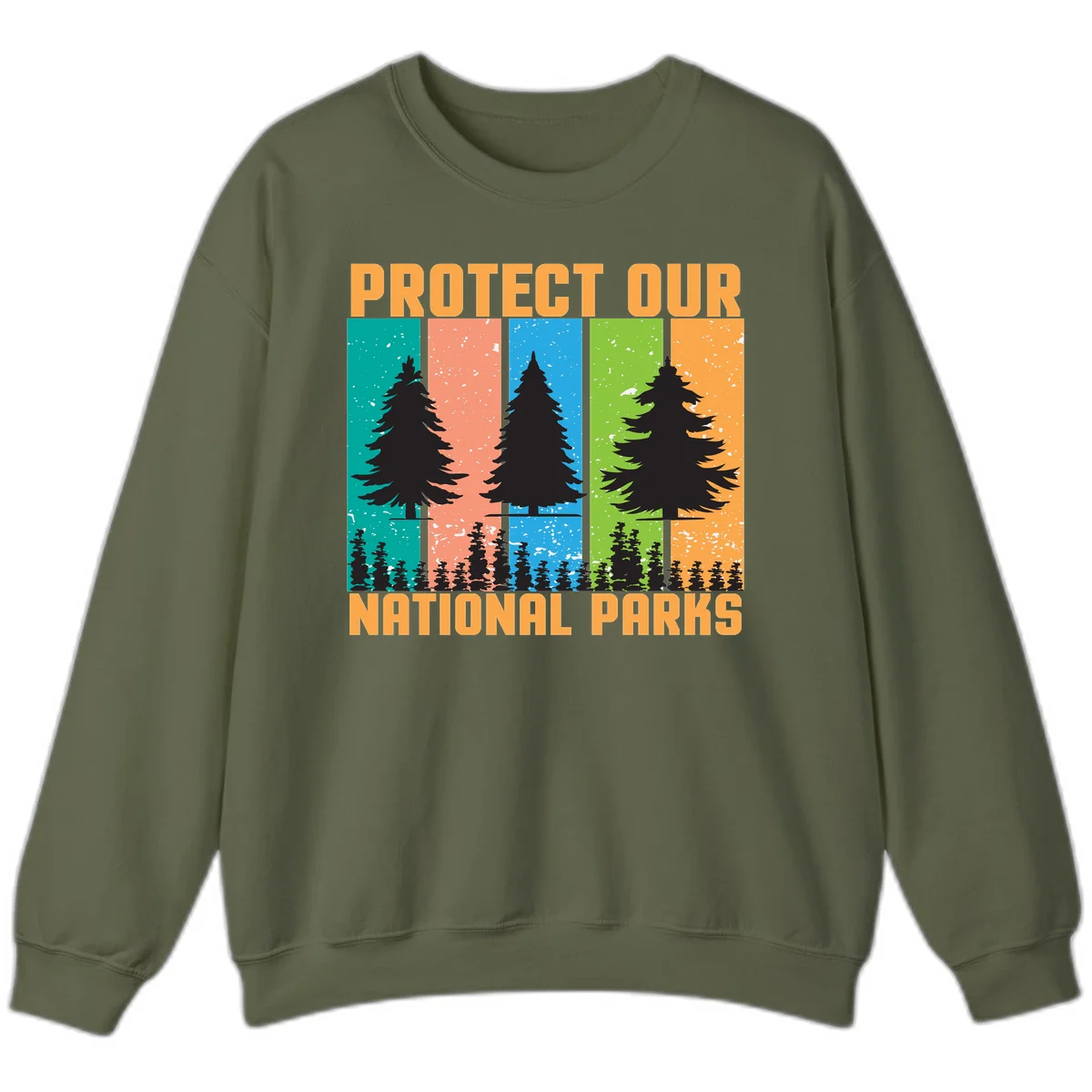 Illustration of tall evergreen tree with forest below across four seasonal colored panels with 'Protect Our National Parks' text. in Military Green