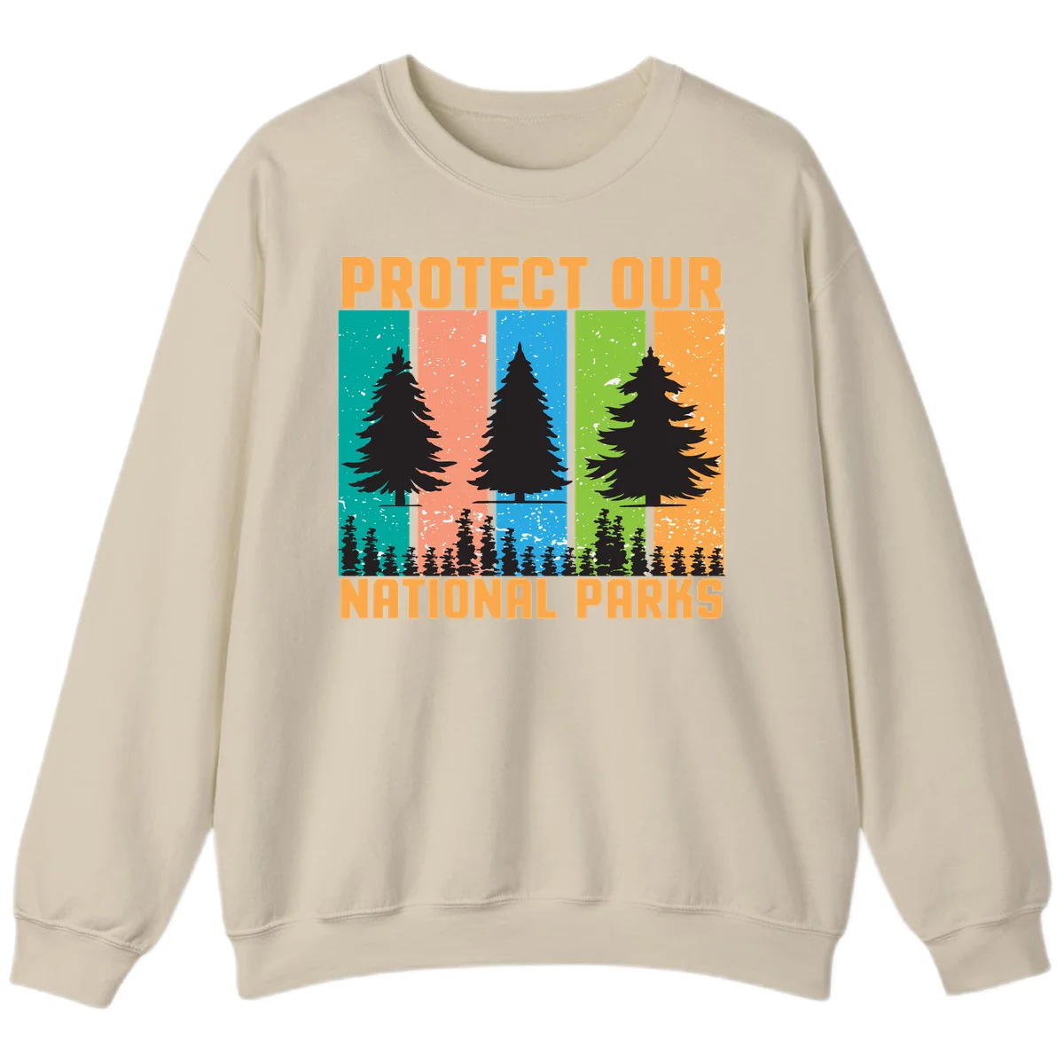 Illustration of tall evergreen tree with forest below across four seasonal colored panels with 'Protect Our National Parks' text. in Sand