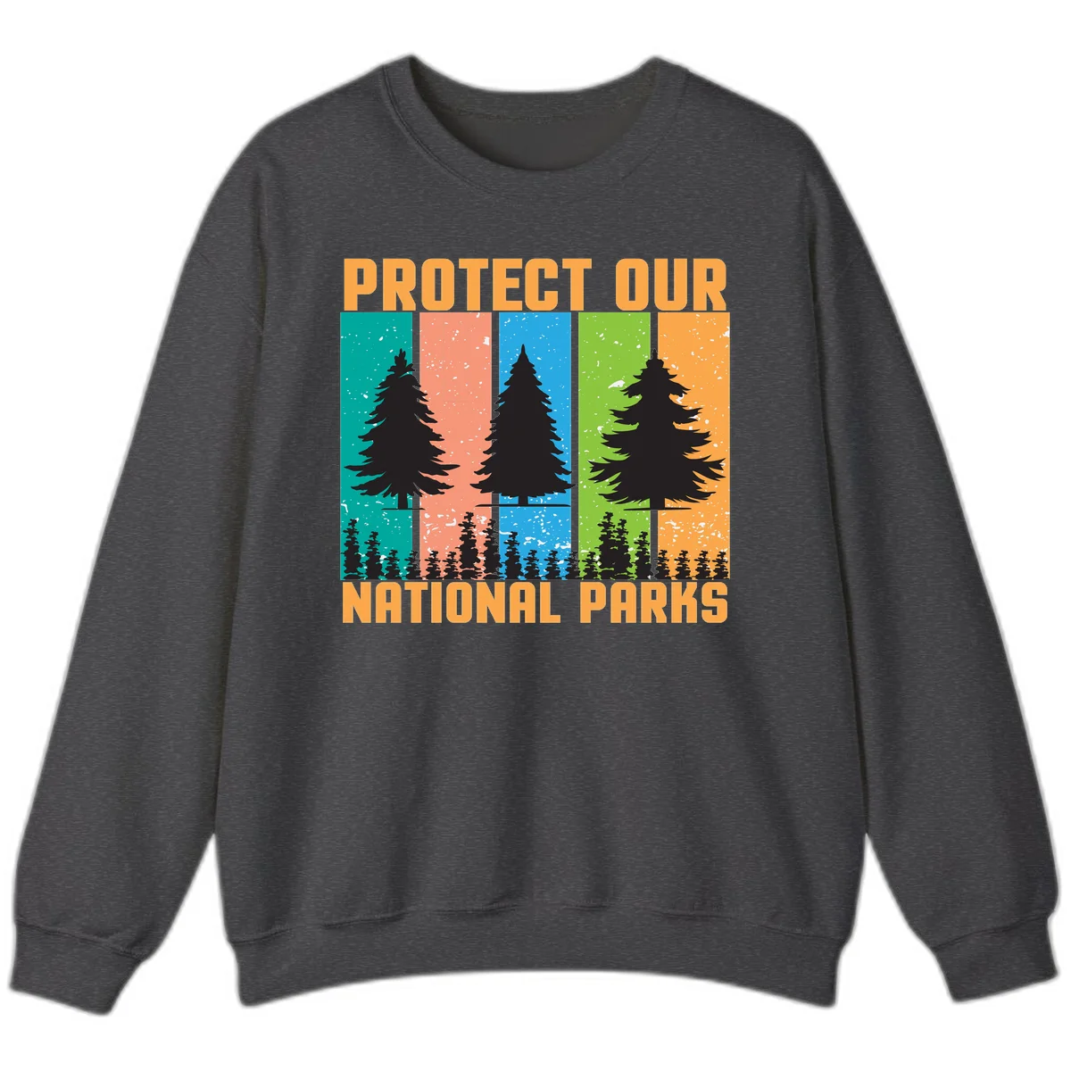 Illustration of tall evergreen tree with forest below across four seasonal colored panels with 'Protect Our National Parks' text. in Dark Heather