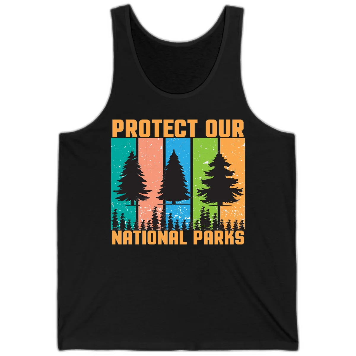 Illustration of tall evergreen tree with forest below across four seasonal colored panels with 'Protect Our National Parks' text. in Black