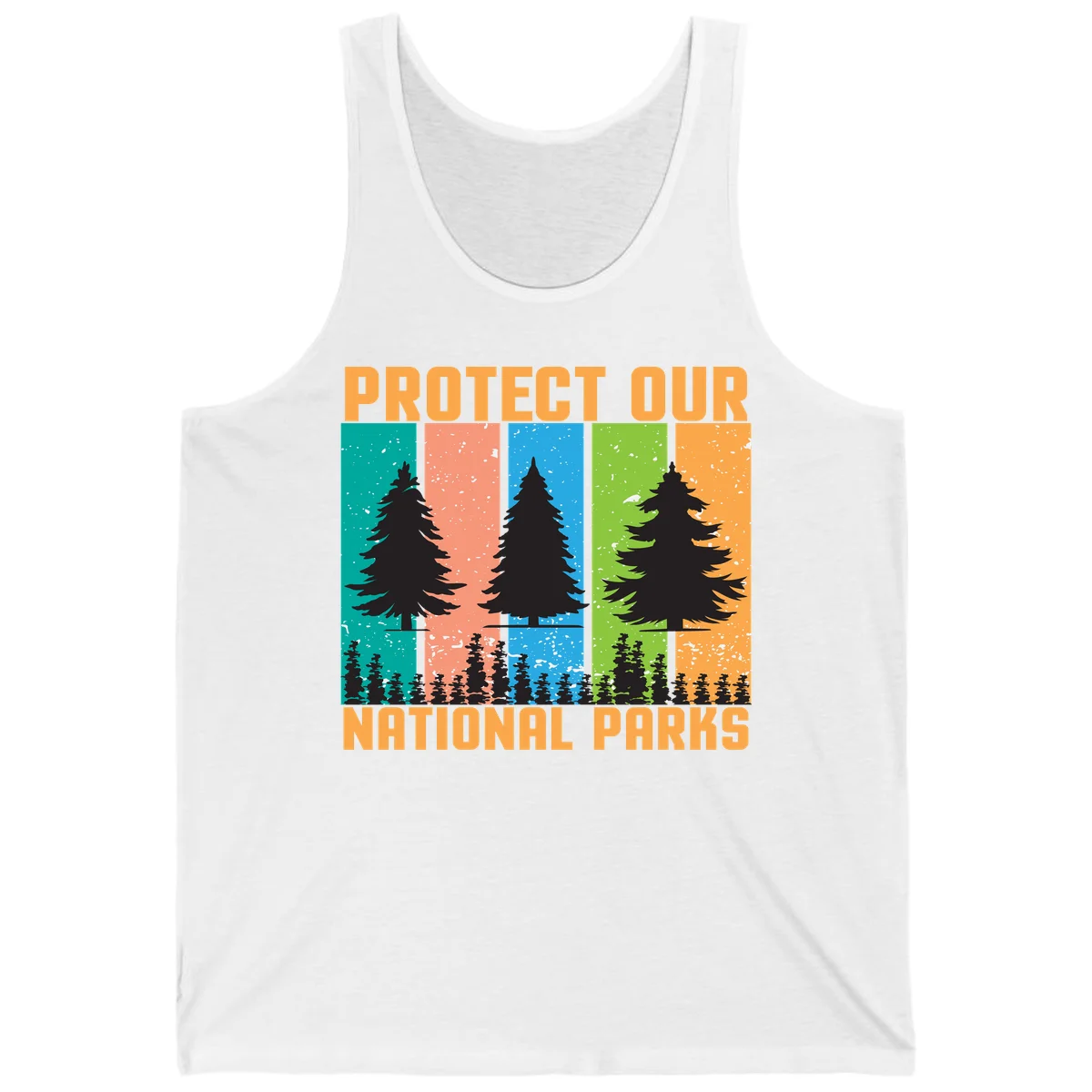 Illustration of tall evergreen tree with forest below across four seasonal colored panels with 'Protect Our National Parks' text. in White