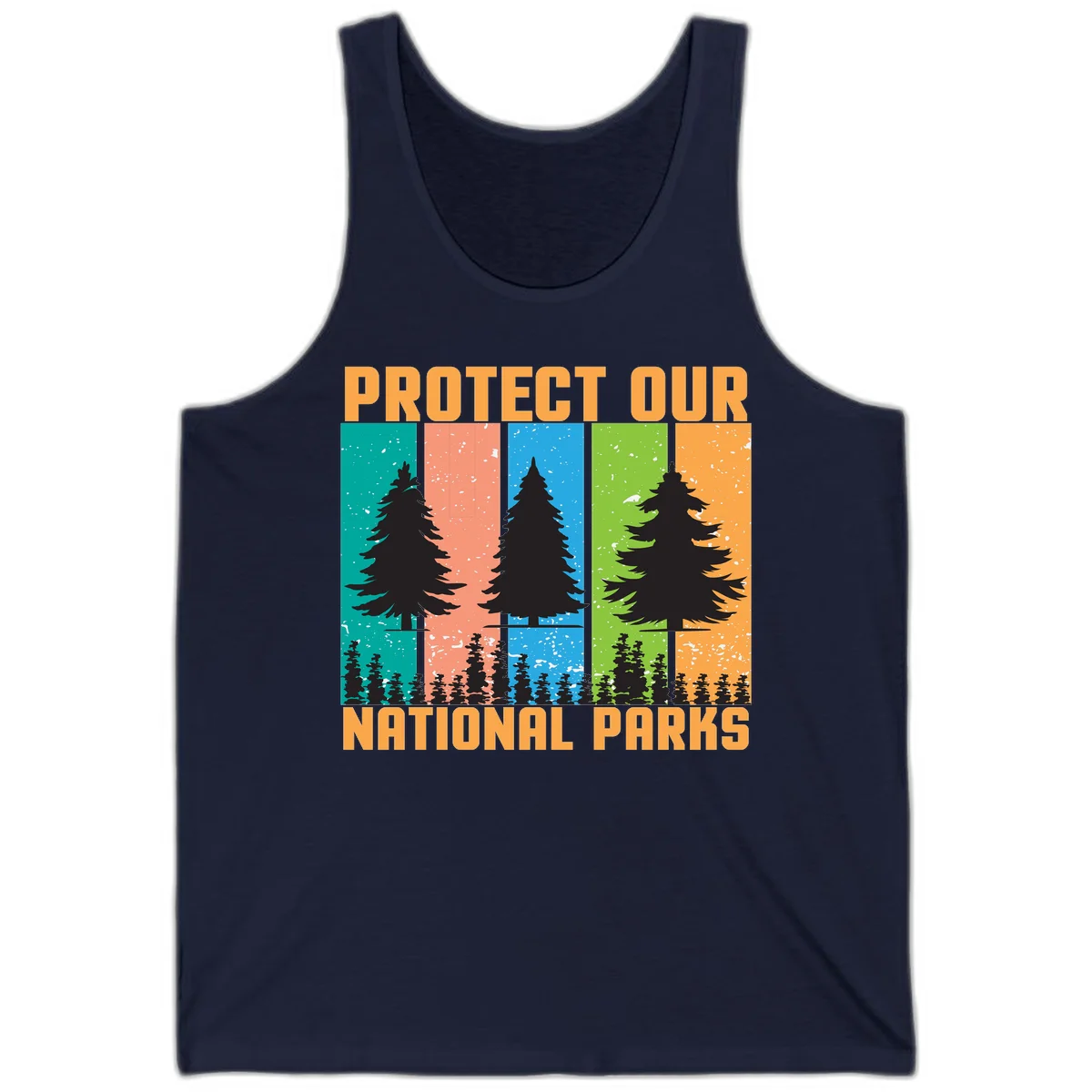 Illustration of tall evergreen tree with forest below across four seasonal colored panels with 'Protect Our National Parks' text. in Navy