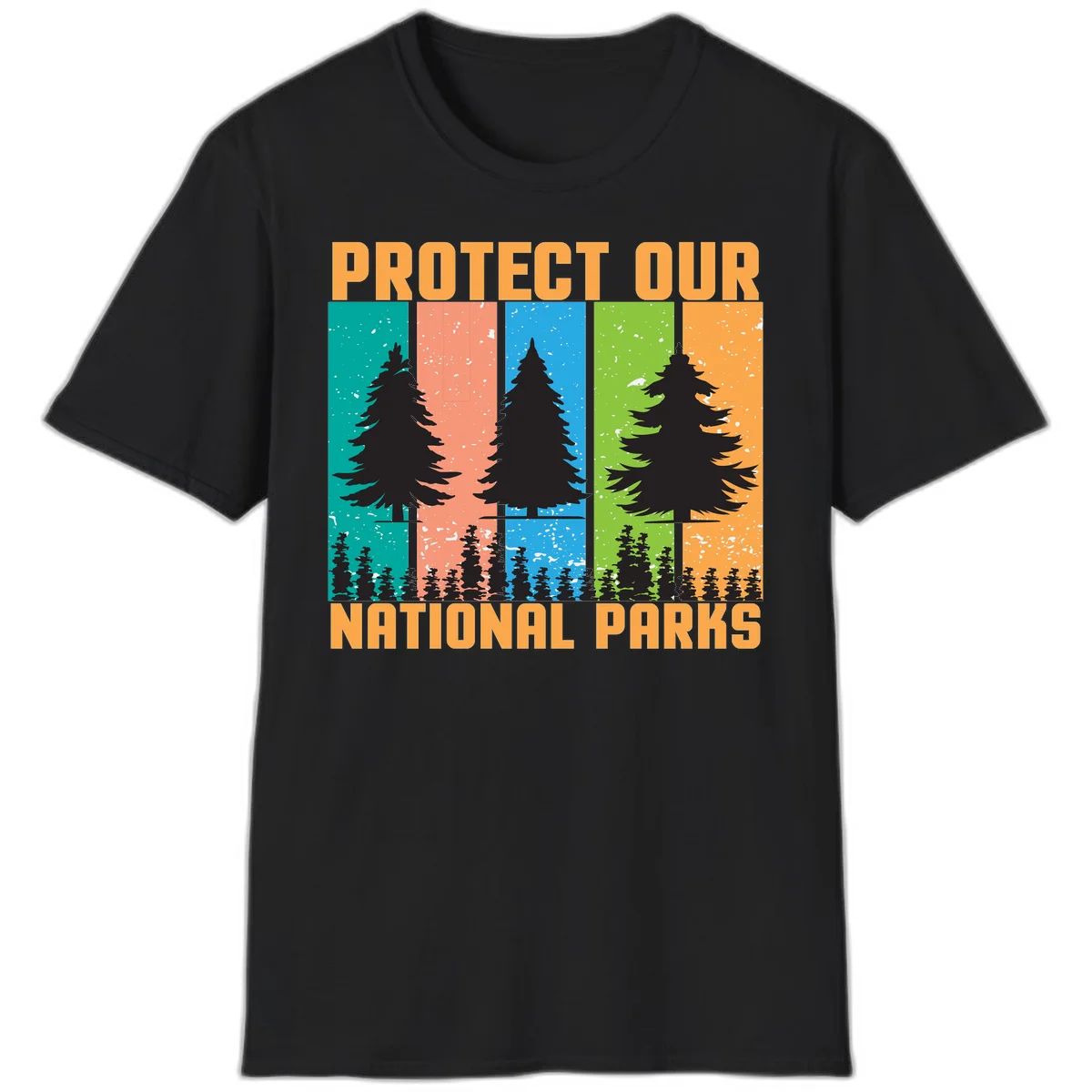 Illustration of tall evergreen tree with forest below across four seasonal colored panels with 'Protect Our National Parks' text. in Black