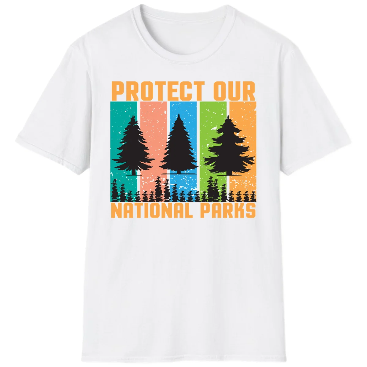 Illustration of tall evergreen tree with forest below across four seasonal colored panels with 'Protect Our National Parks' text. in White