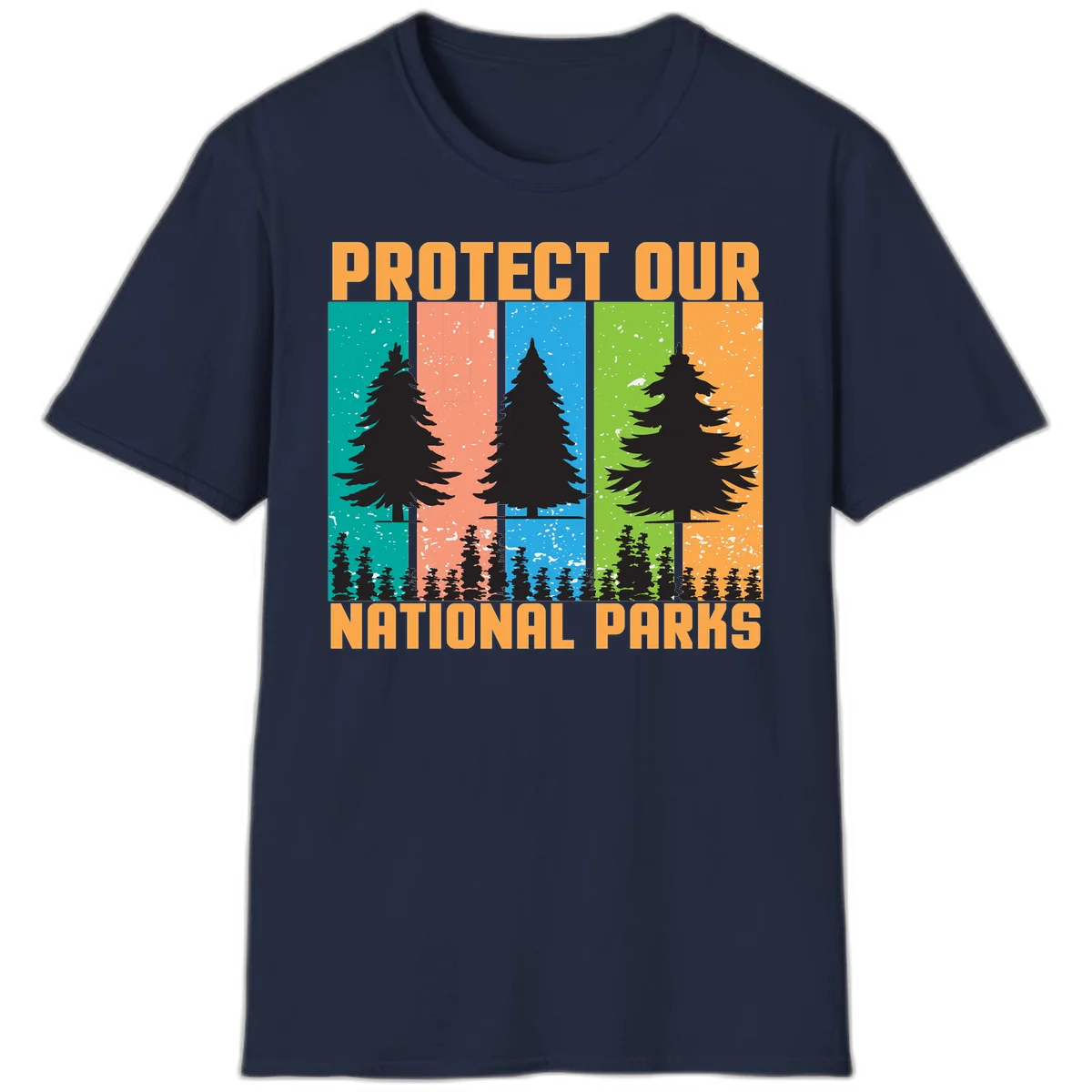 Illustration of tall evergreen tree with forest below across four seasonal colored panels with 'Protect Our National Parks' text. in Navy