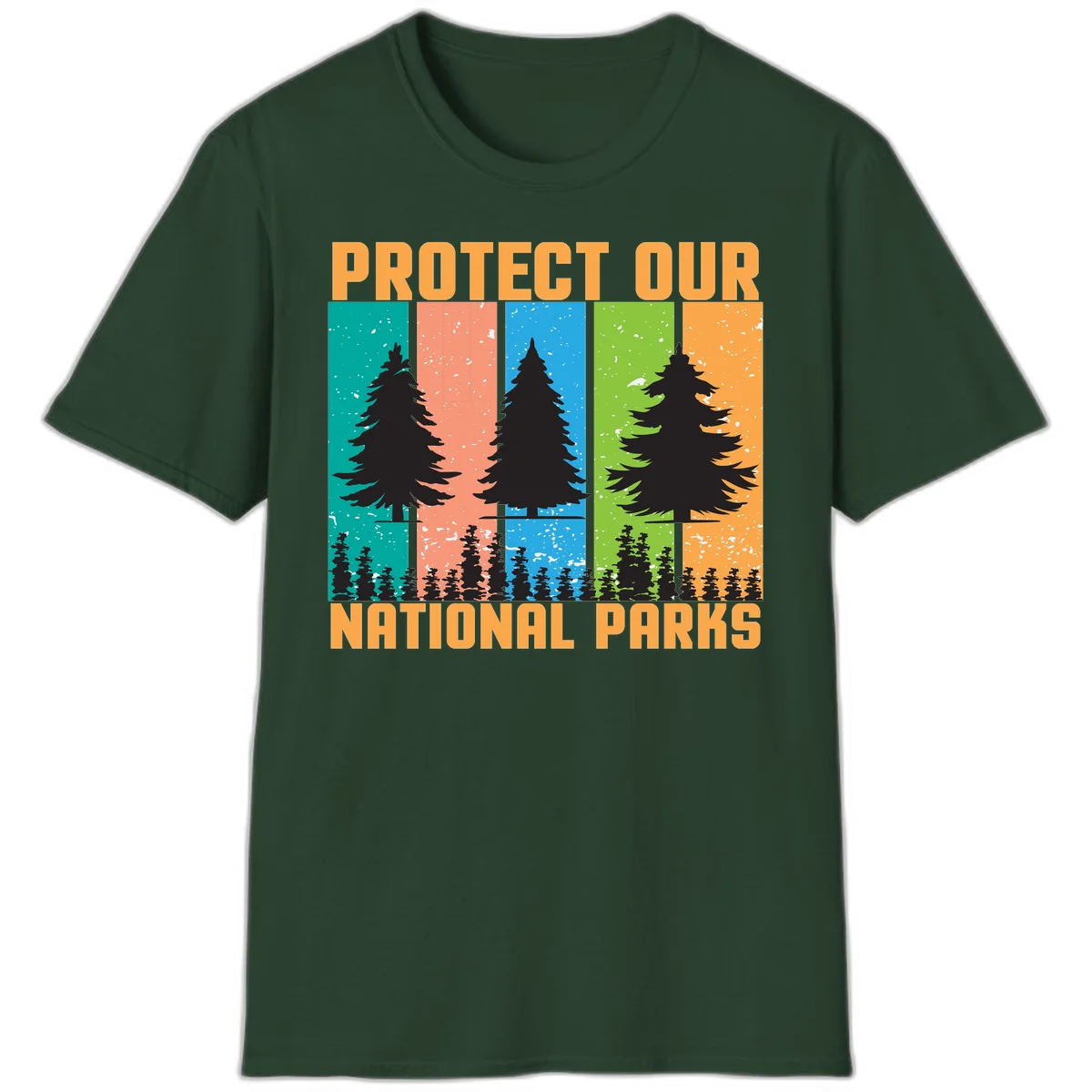 Illustration of tall evergreen tree with forest below across four seasonal colored panels with 'Protect Our National Parks' text. in Forest Green