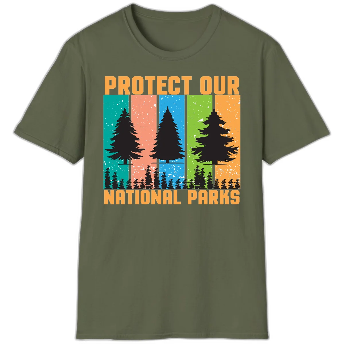 Illustration of tall evergreen tree with forest below across four seasonal colored panels with 'Protect Our National Parks' text. in Military Green