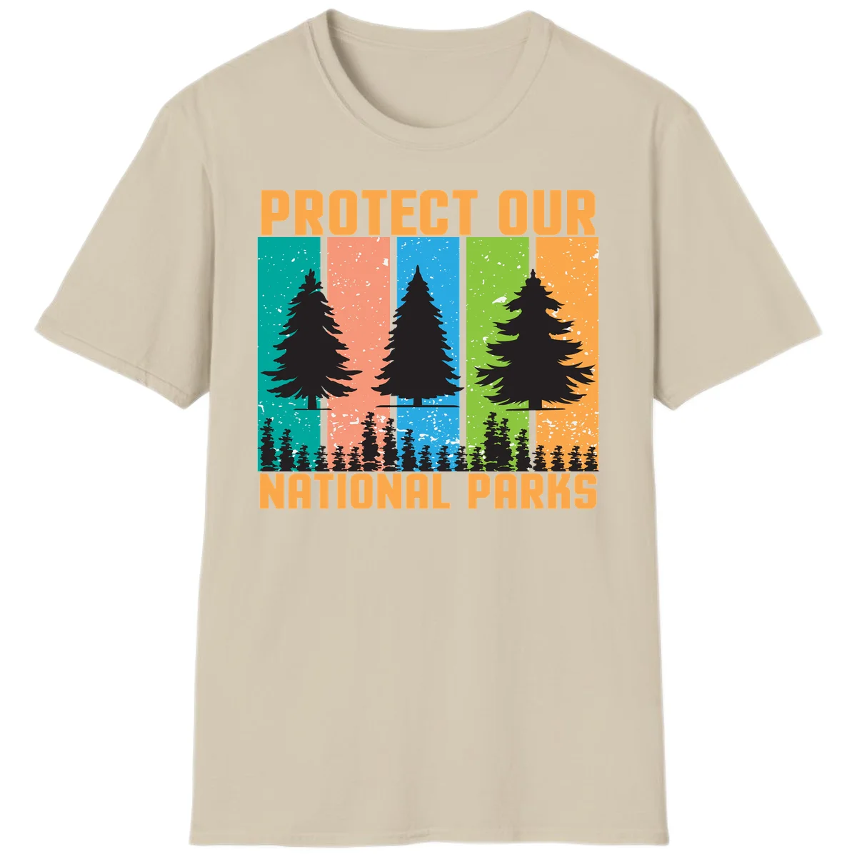 Illustration of tall evergreen tree with forest below across four seasonal colored panels with 'Protect Our National Parks' text. in Sand