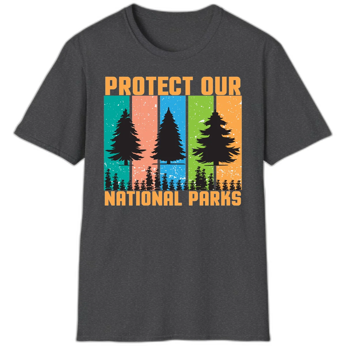Illustration of tall evergreen tree with forest below across four seasonal colored panels with 'Protect Our National Parks' text. in Dark Heather