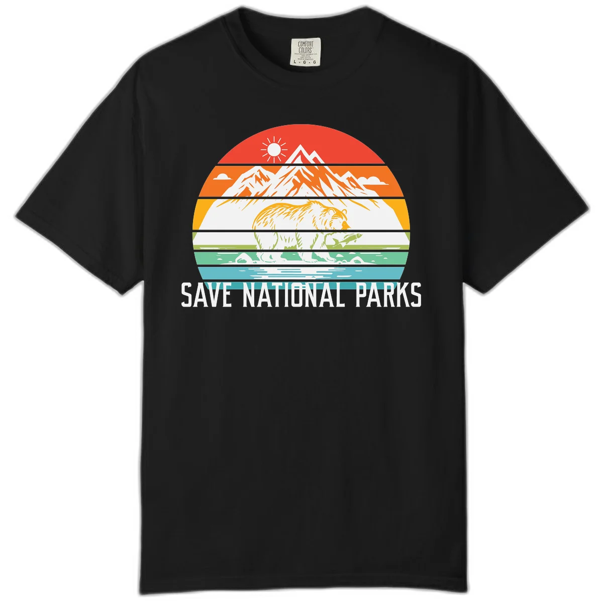 Colorful striped landscape showing mountains, wildlife, and water with 'Save National Parks' text promoting conservation awareness. in Black
