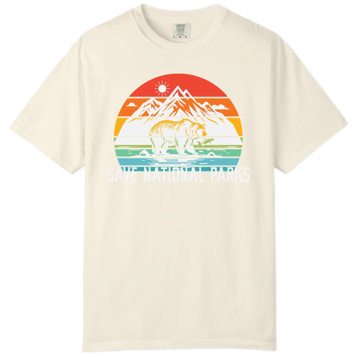 Colorful striped landscape showing mountains, wildlife, and water with 'Save National Parks' text promoting conservation awareness. in Ivory