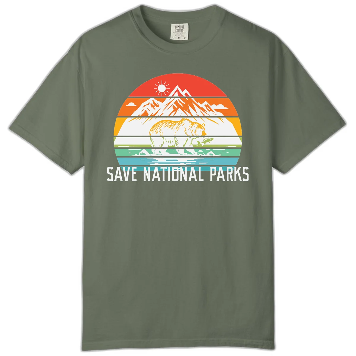 Colorful striped landscape showing mountains, wildlife, and water with 'Save National Parks' text promoting conservation awareness. in Moss
