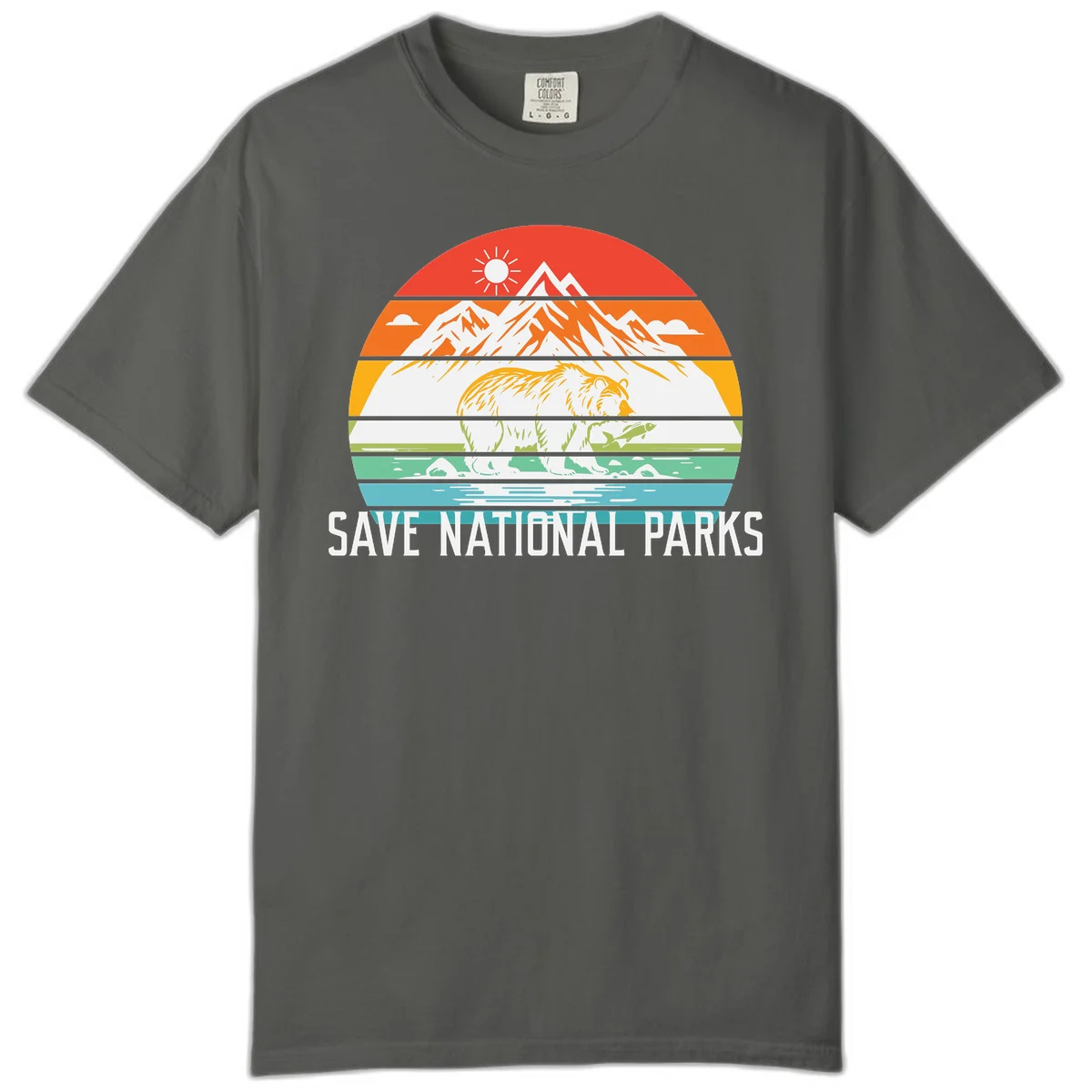 Colorful striped landscape showing mountains, wildlife, and water with 'Save National Parks' text promoting conservation awareness. in Pepper