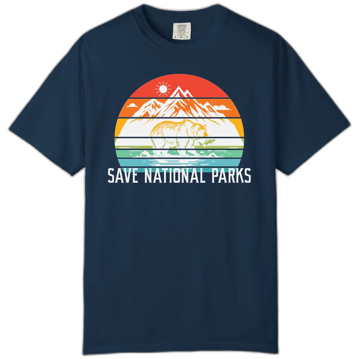 Colorful striped landscape showing mountains, wildlife, and water with 'Save National Parks' text promoting conservation awareness. in True Navy