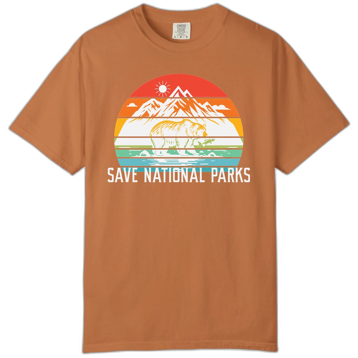 Colorful striped landscape showing mountains, wildlife, and water with 'Save National Parks' text promoting conservation awareness. in Yam