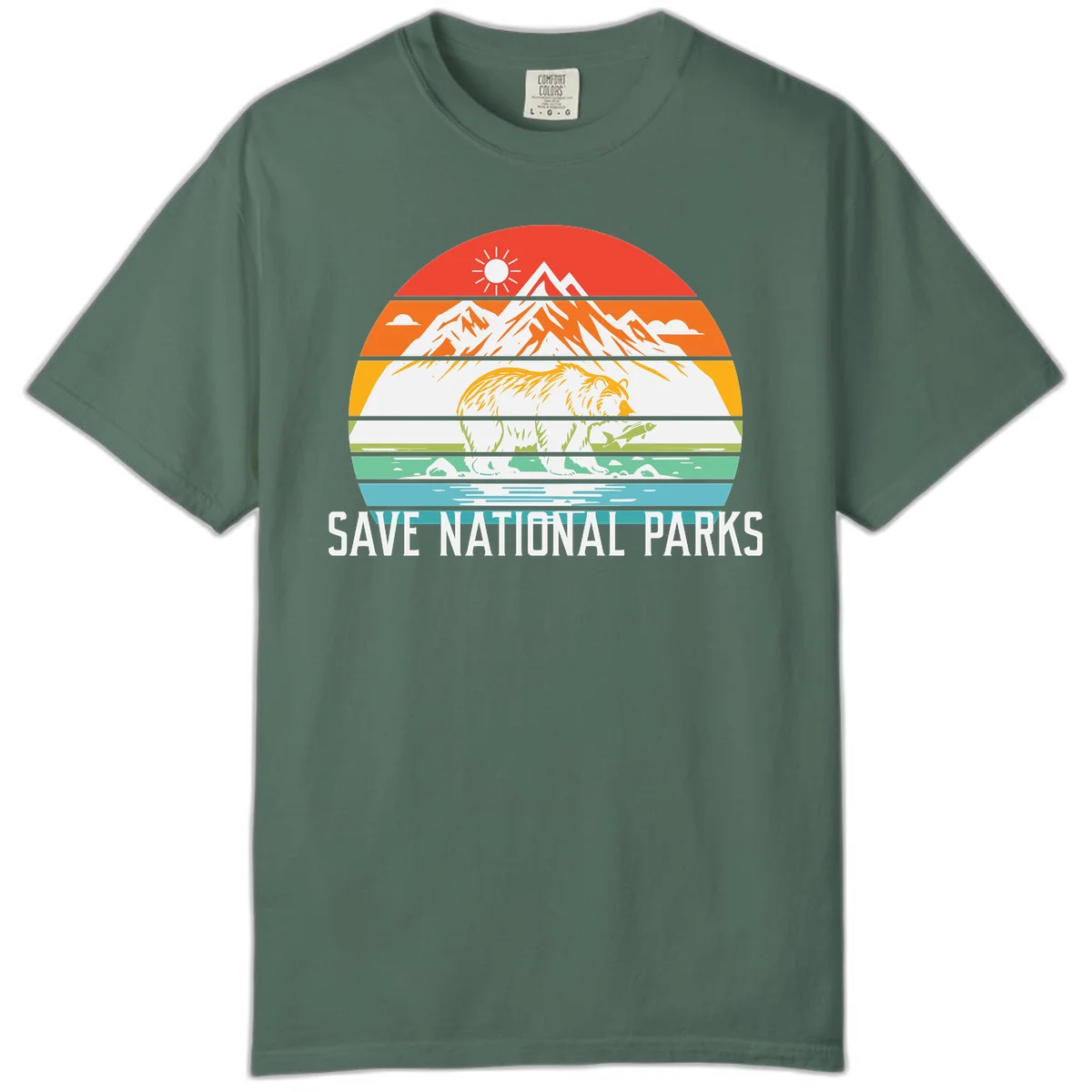 Colorful striped landscape showing mountains, wildlife, and water with 'Save National Parks' text promoting conservation awareness. in Blue Spruce