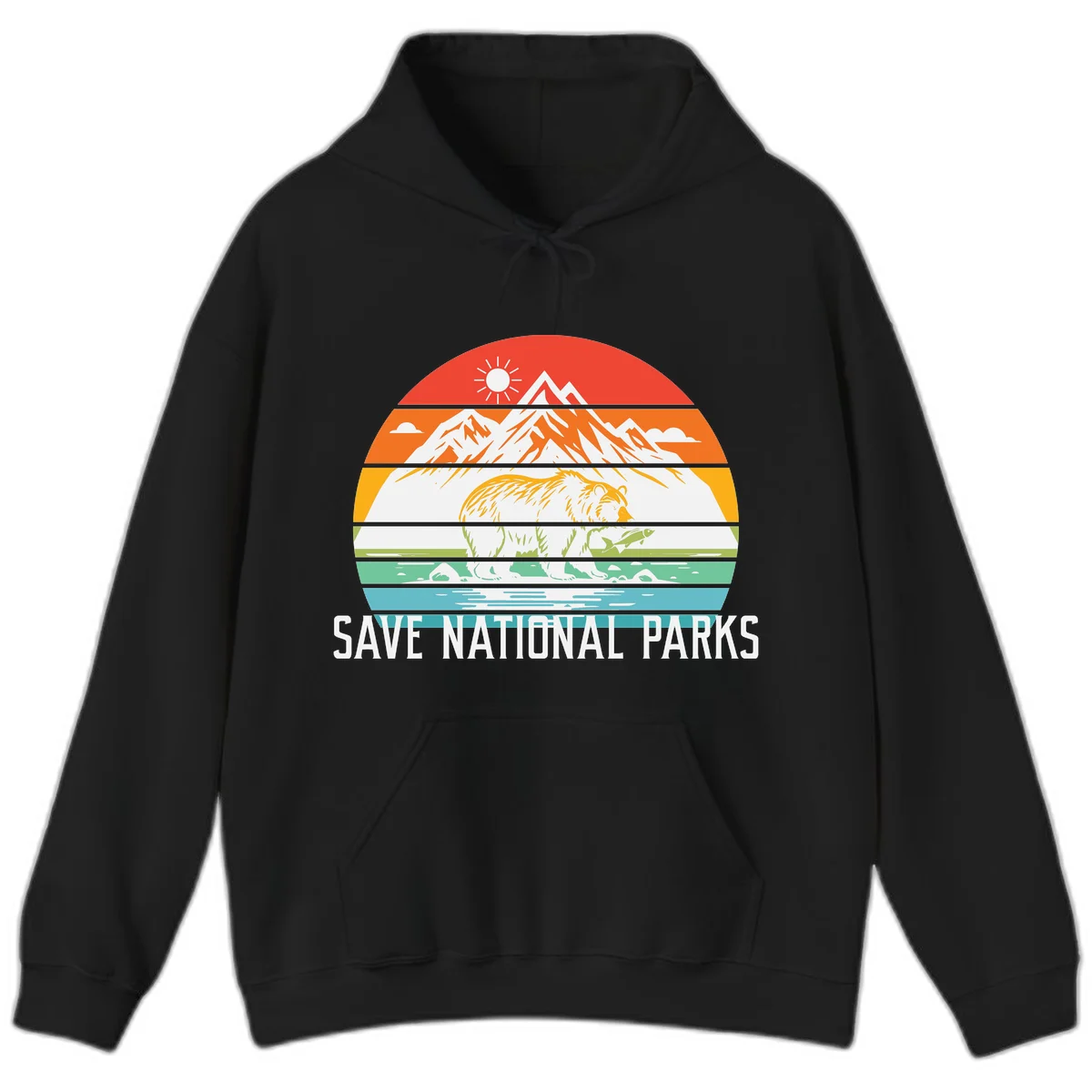 Colorful striped landscape showing mountains, wildlife, and water with 'Save National Parks' text promoting conservation awareness. in Black