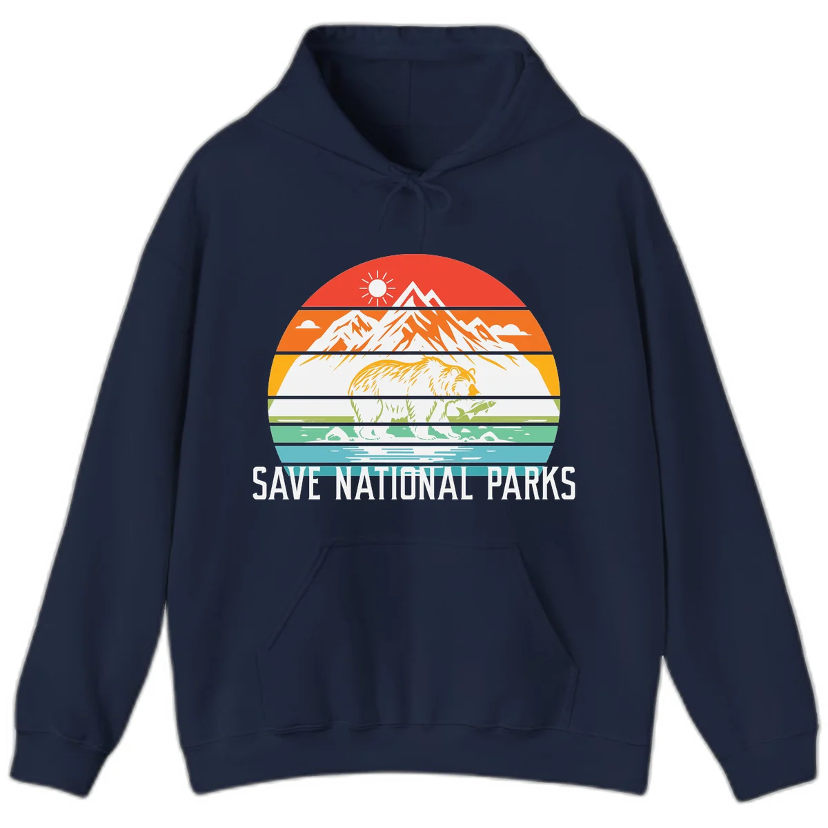 Colorful striped landscape showing mountains, wildlife, and water with 'Save National Parks' text promoting conservation awareness. in Navy