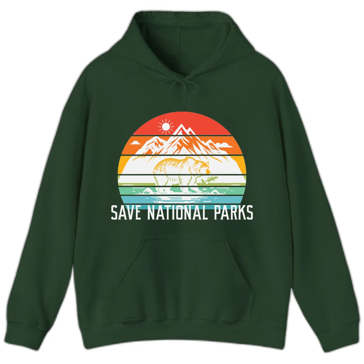 Colorful striped landscape showing mountains, wildlife, and water with 'Save National Parks' text promoting conservation awareness. in Forest Green