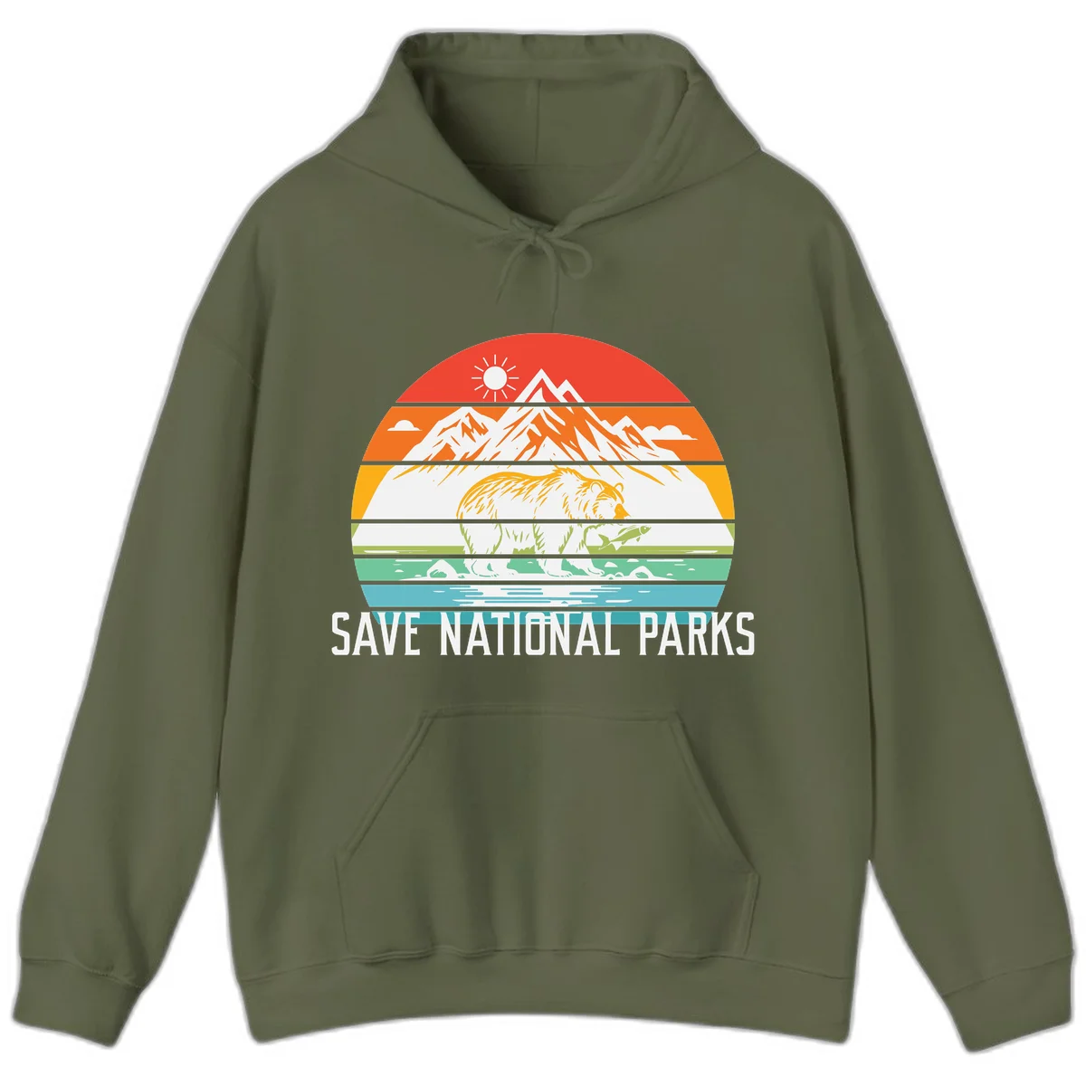 Colorful striped landscape showing mountains, wildlife, and water with 'Save National Parks' text promoting conservation awareness. in Military Green