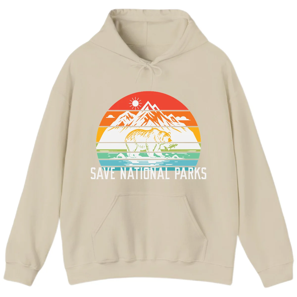 Colorful striped landscape showing mountains, wildlife, and water with 'Save National Parks' text promoting conservation awareness. in Sand