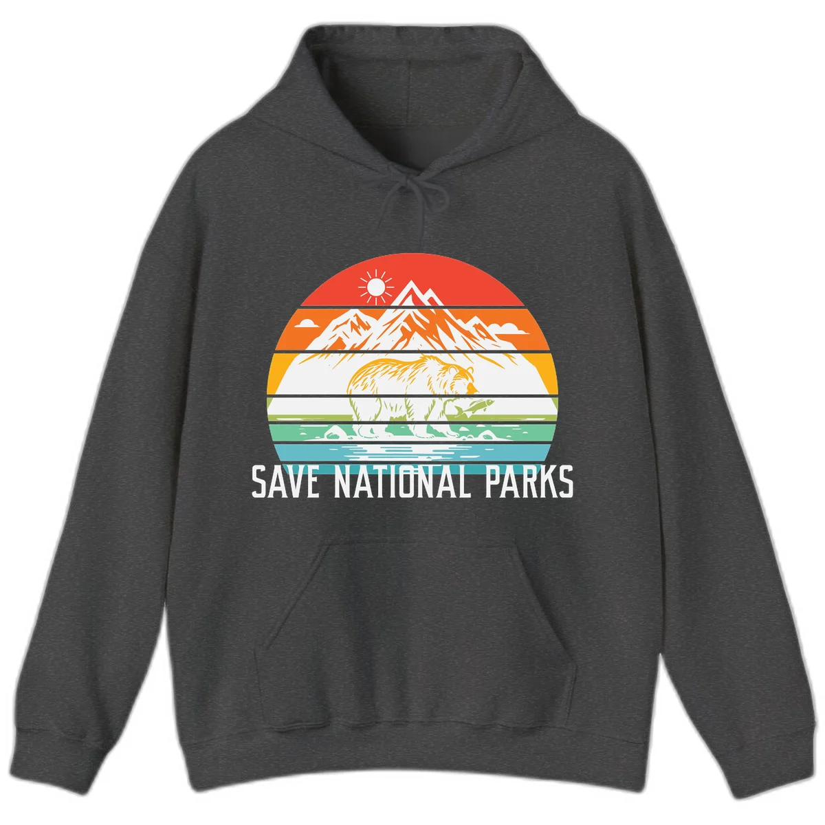 Colorful striped landscape showing mountains, wildlife, and water with 'Save National Parks' text promoting conservation awareness. in Dark Heather