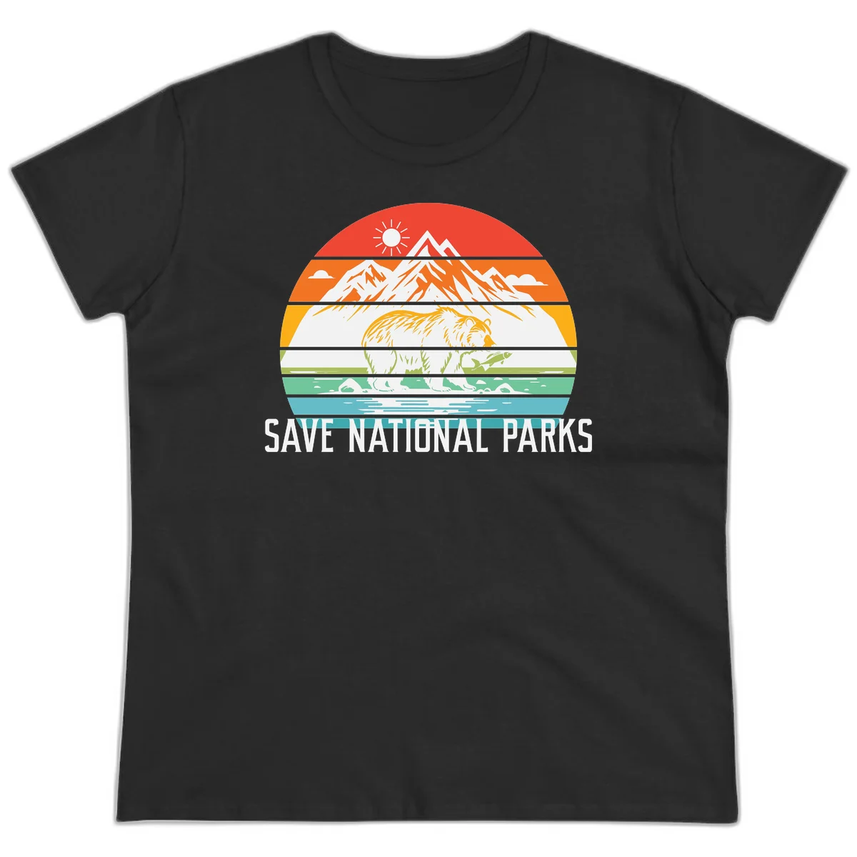 Colorful striped landscape showing mountains, wildlife, and water with 'Save National Parks' text promoting conservation awareness. in Black