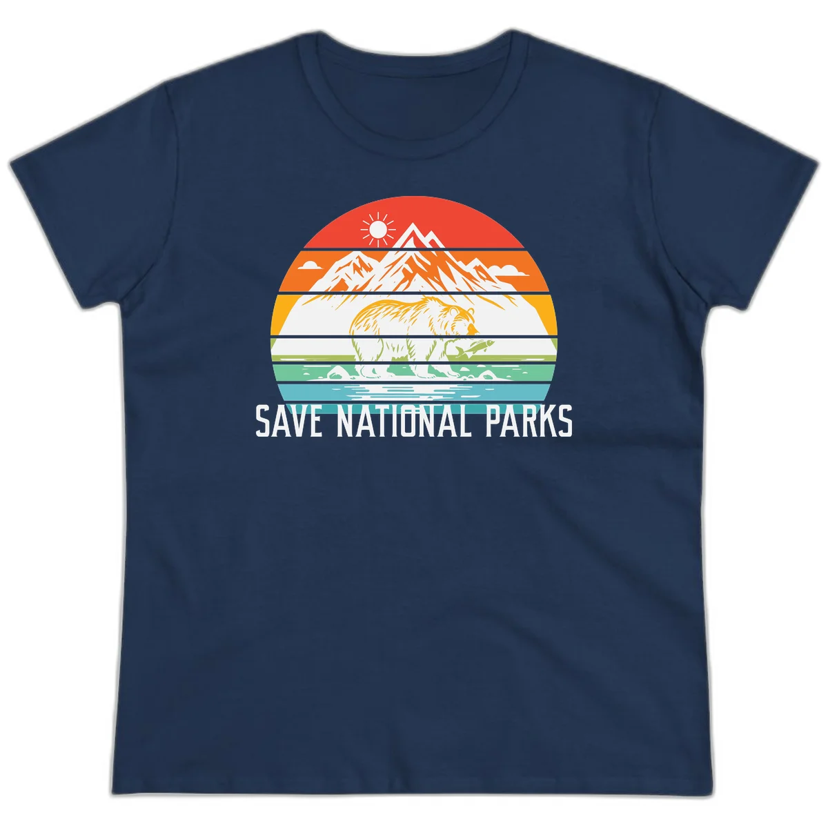 Colorful striped landscape showing mountains, wildlife, and water with 'Save National Parks' text promoting conservation awareness. in Navy