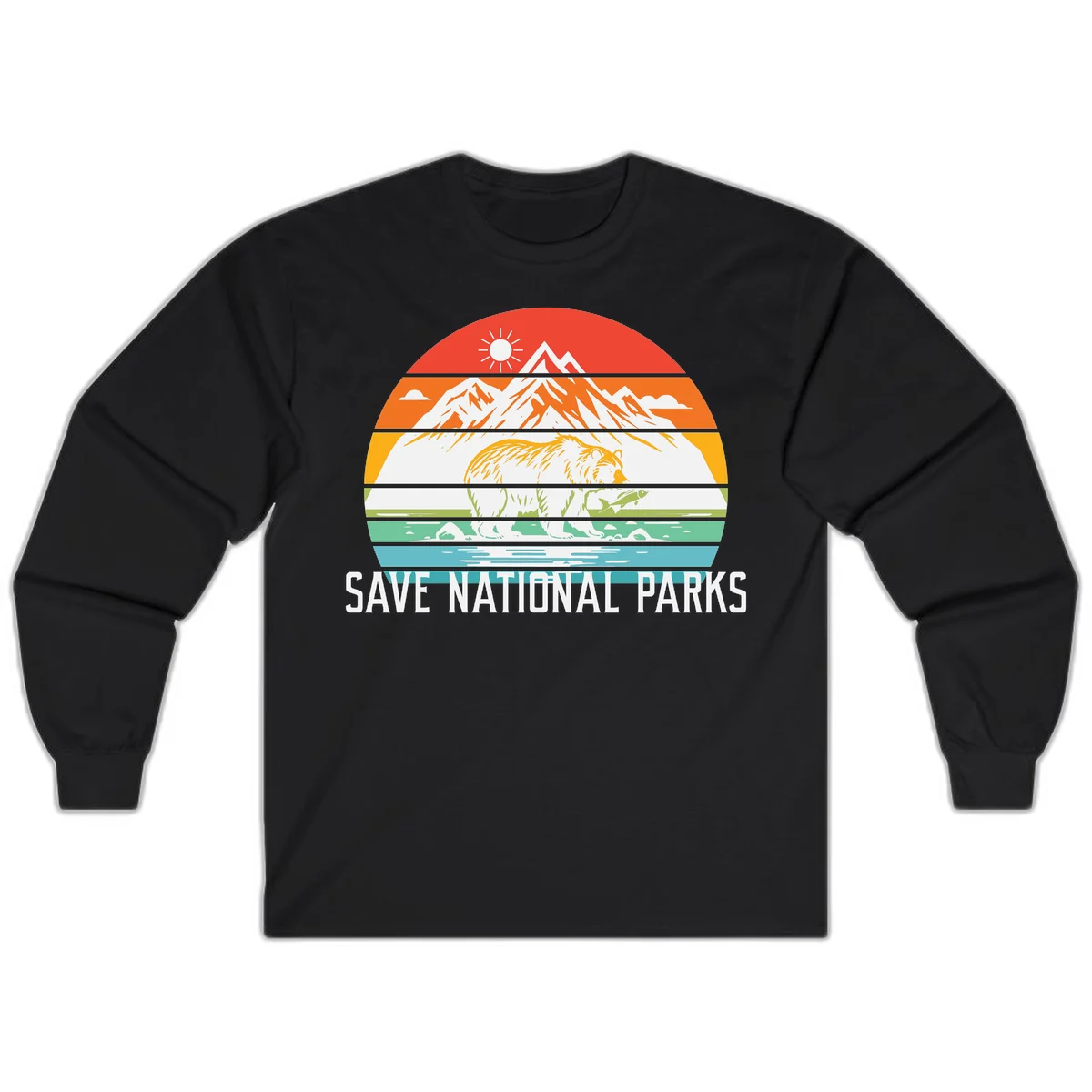 Colorful striped landscape showing mountains, wildlife, and water with 'Save National Parks' text promoting conservation awareness. in Black