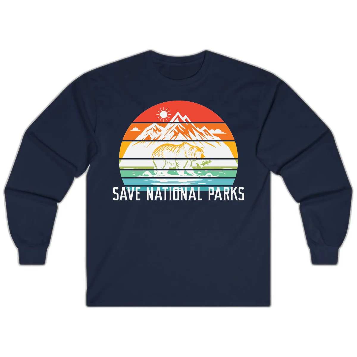 Colorful striped landscape showing mountains, wildlife, and water with 'Save National Parks' text promoting conservation awareness. in Navy