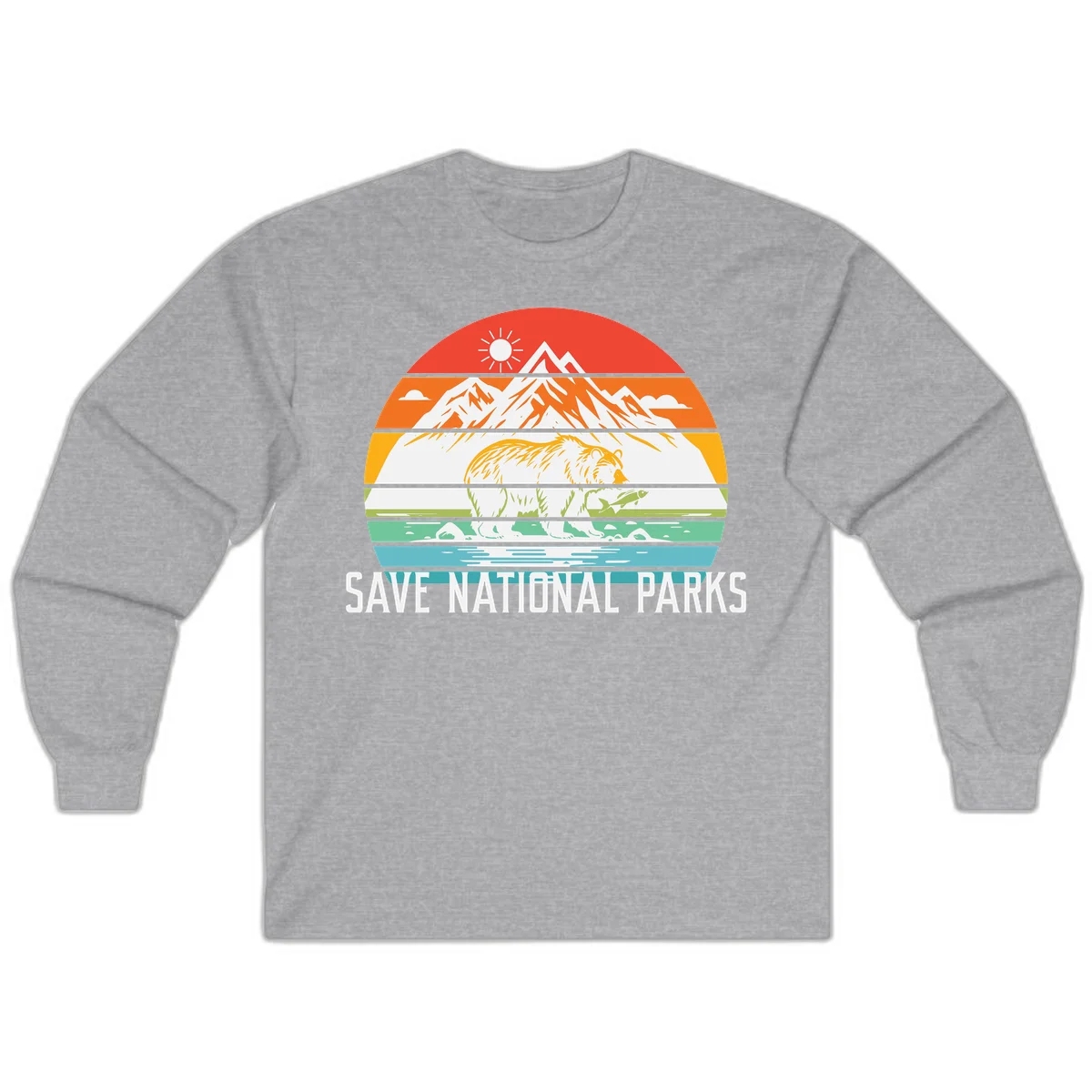 Colorful striped landscape showing mountains, wildlife, and water with 'Save National Parks' text promoting conservation awareness. in Sport Grey
