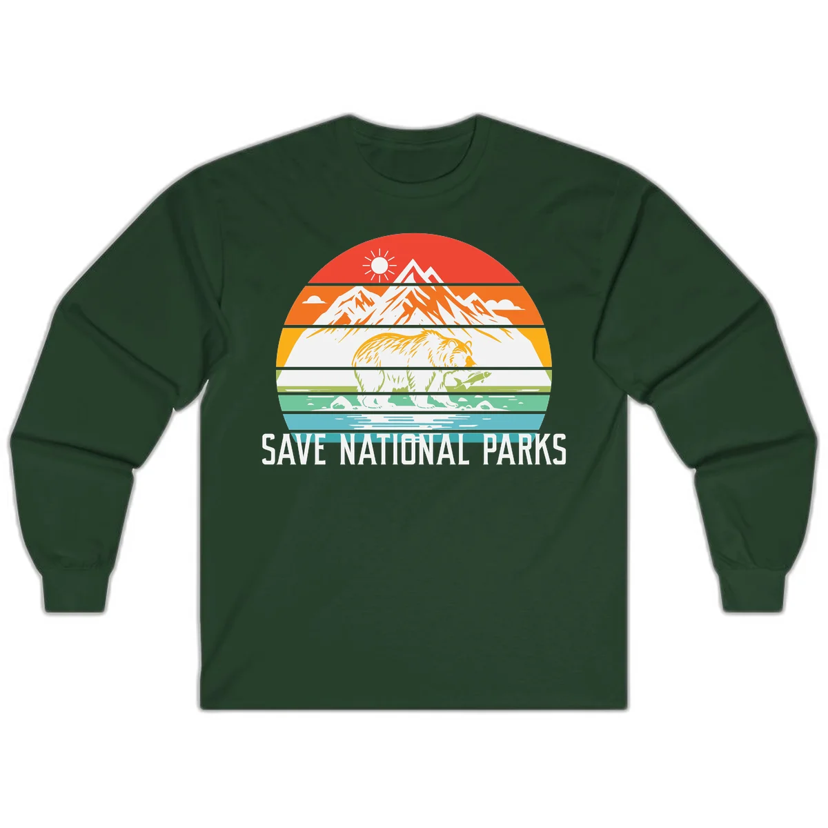 Colorful striped landscape showing mountains, wildlife, and water with 'Save National Parks' text promoting conservation awareness. in Forest Green