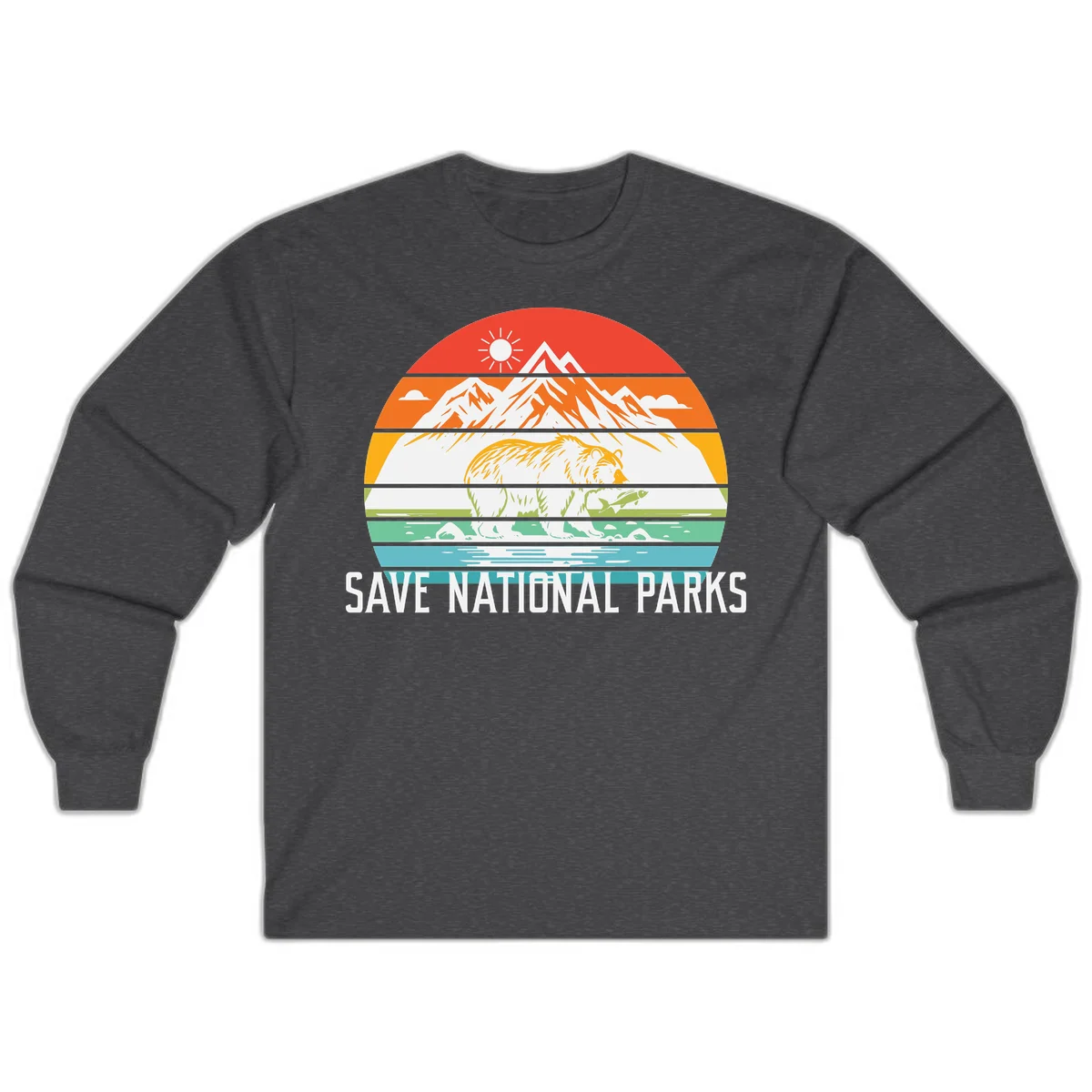 Colorful striped landscape showing mountains, wildlife, and water with 'Save National Parks' text promoting conservation awareness. in Dark Heather