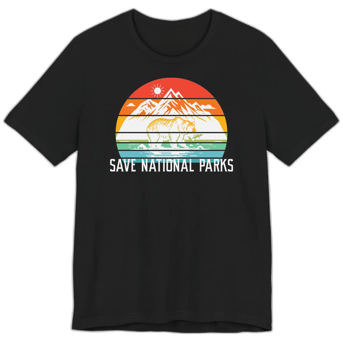 Colorful striped landscape showing mountains, wildlife, and water with 'Save National Parks' text promoting conservation awareness. in Black