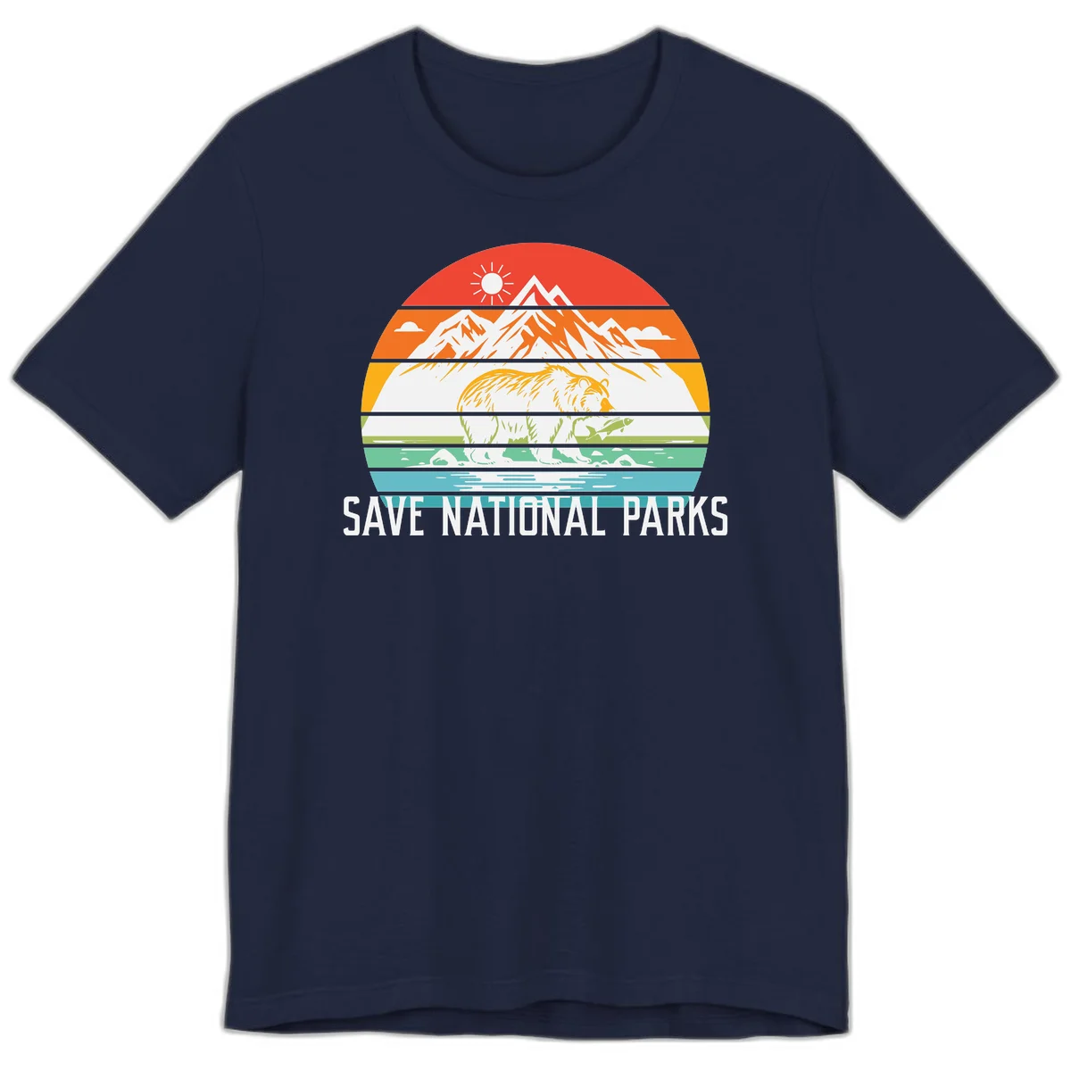 Colorful striped landscape showing mountains, wildlife, and water with 'Save National Parks' text promoting conservation awareness. in Navy
