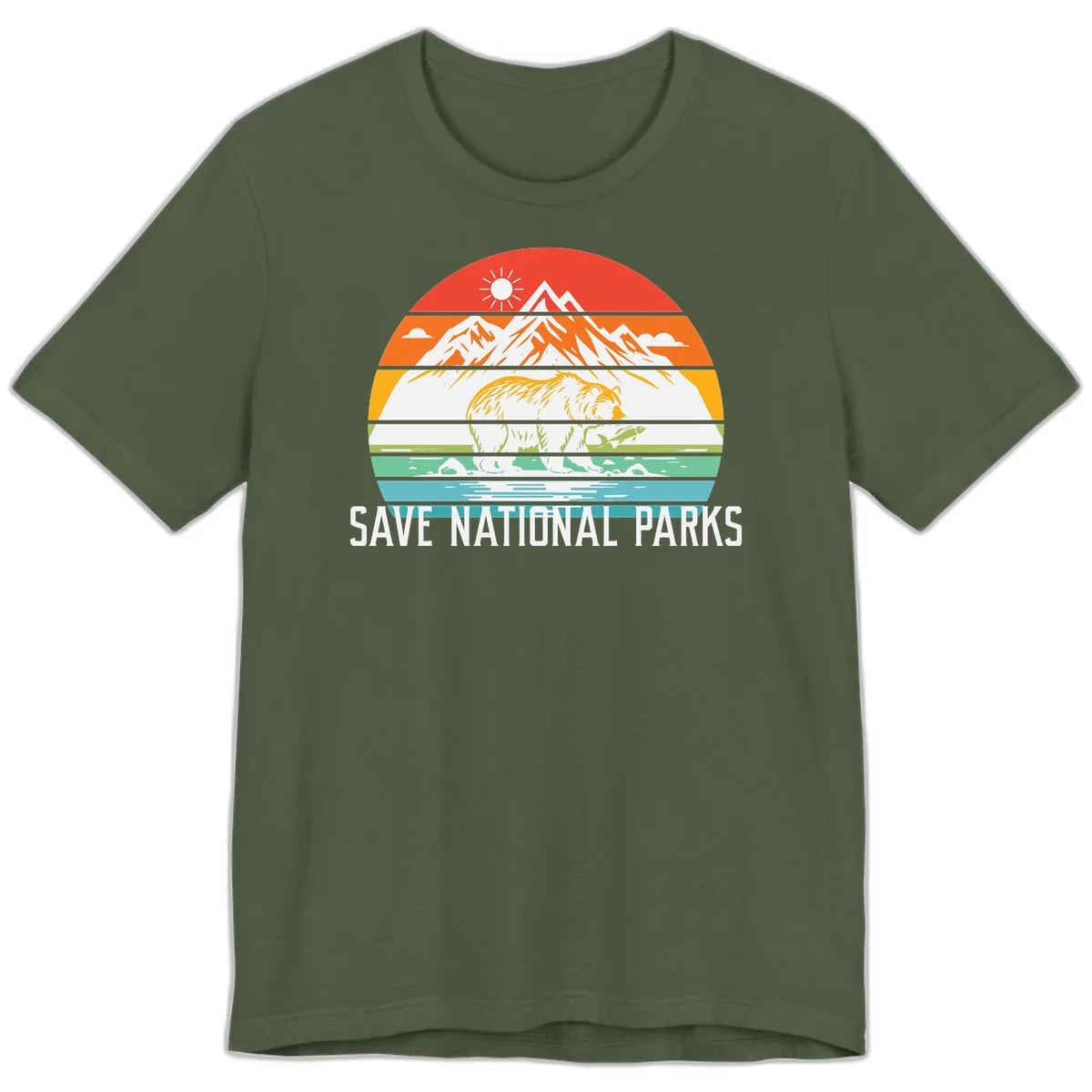 Colorful striped landscape showing mountains, wildlife, and water with 'Save National Parks' text promoting conservation awareness. in Military Green